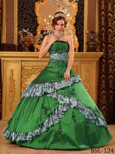 Green Zebra and Taffeta Embroidered Best Seller Dress for Quinceanera