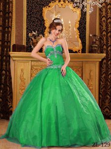 Green Appliqued Long 2014 Gorgeous Sweet Sixteen Dresses with Beading