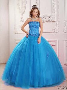 Strapless Beaded Tulle Light Blue Discount Quinceanera Gown under 200