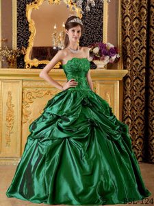 Hunter Green Taffeta Appliqued Long Sweet Quince Dress with Flowers