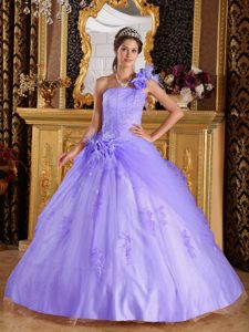 Fashionable One Shoulder Beaded Lace-up Tulle Sweet 16 Dresses in Lilac