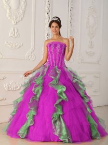 Hot Pink and Green Appliqued Beautiful Quinces Dresses with Beading