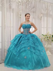 Sweet Beaded Lace-up Organza Long Quinceaneras Dress in Aqua Blue