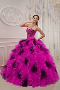 Hot Pink and Black Sweetheart Ruched Wonderful Quinceanera Gown