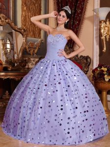 Lilac Sweetheart Ball Gown Ruched Beaded Sweet 16 Dress with Paillettes for Cheap