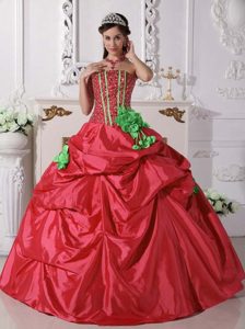 Hot Red Strapless Beaded Taffeta Quinceanera Dress with Pick-ups and Green Flower