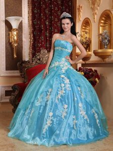 Ruched Blue Strapless Organza Ball Gown Sweet 16 Dress with Appliques for Cheap