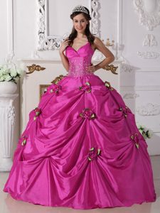 Spaghetti Straps Hot Pink Taffeta Dress for Quinceanera with Pick-ups and Flowers
