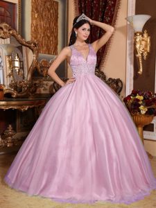 Straps V-neck Rose Pink Floor-length Quinceanera Dresses with Beading for Cheap