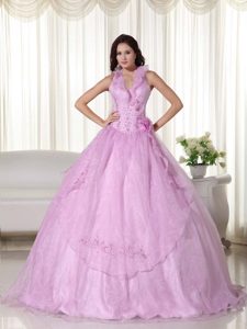 Flounced Halter Rose Pink Ball Gown Quinceanera Dresses with Beading and Flower