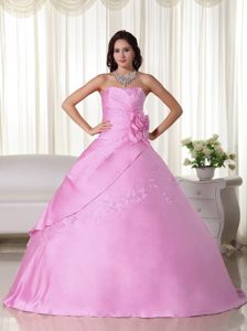 Baby Pink Strapless Ball Gown Quinceanera Dress with Beading and Flowers on Sale