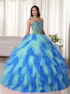 Multi-colored Sweetheart Tulle Sweet 15 Dress with Appliques and Ruffles for Cheap