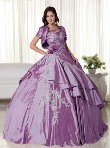 Ruched Purple Strapless Taffeta Appliqued Quinceanera Dress with Flower and Jacket