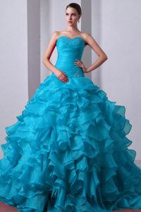 Aqua Blue Sweetheart Organza Ruched Quinceanera Dress with Ruffles and Beading