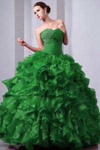 Dark Green Sweetheart Ruched Beaded Organza Quinceanera Gown Dress with Ruffles