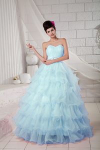 Ruched Beaded Sweetheart Baby Blue Organza Dress for Quince with Layered Ruffles