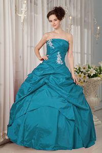 Turquoise Strapless Taffeta Quinceanera Dress with Pick-ups and Appliques on Sale