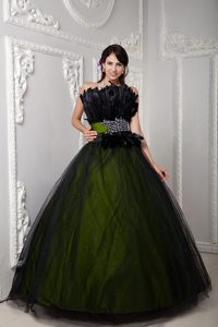 Black and Green Strapless Tulle Quinceanera Gown Dresses with Beading and Plume