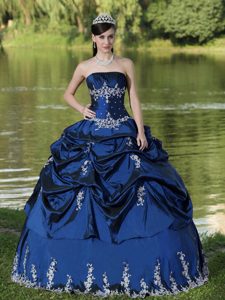 Custom Made Navy Blue Strapless Quinceanera Dress with Pick-ups and Appliques