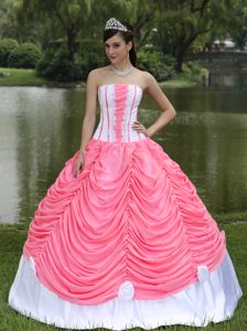 Strapless Watermelon and White Taffeta Drapped Quinceanera Dress with Appliques
