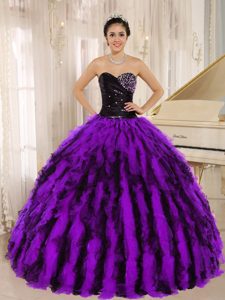 Ruched Sweetheart Black and Purple Organza Ruffled Quinceanera Dress with Beading