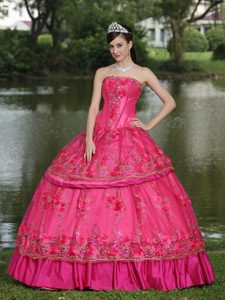 New Custom Made Strapless Hot Pink Taffeta Layered Sweet 16 Dress with Appliques