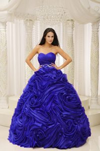 Chichi Royal Blue Sweetheart Ruched Beaded Quinceanera Dress with Rolling Flowers