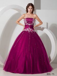 Taffeta and Tulle Appliques and Beaded Strapless Quince Dresses in Fuchsia