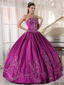 Strapless Satin Embroidery Appliqued Dress for Quinceanera in Fuchsia