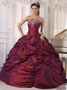 Ball Gown Strapless Taffeta Embroidery for Sweet 15 Dresses in Wine Red