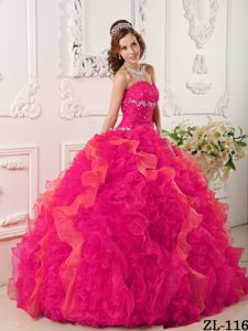 Organza and Beaded Coral Red Sweetheart Quince Dresses with Appliques