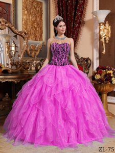Hot Pink Sweetheart Organza Embroidery Sweet 16 Dresses with Beaded