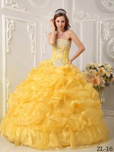 Ball Gown Organza Beaded Strapless 2013 Dress for Quinceanera in Yellow