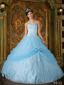 Baby Blue Strapless Tulle for Quinceanera Gown Dresses with Appliques