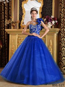 Teal Princess Tulle Beaded Quinceanera Gown Dresses with One Shoulder