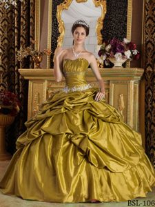 Strapless Taffeta Beaded Ball Gown Quinceanera Gown Dresses in Gold
