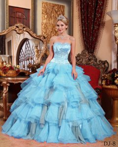Ball Gown Sweetheart Organza Beaded Quinceanera Gowns in Aqua Blue