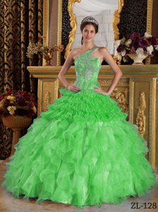 Satin and Organza Beaded Spring Green Quince Dresses with One Shoulder