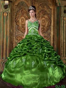 Green Ball Gown Taffeta Beaded Quinceanera Gown Dresses with Straps