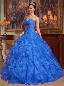 New Sweetheart Beaded Blue Ball Gown Sweet Sixteen Dresses in Organza
