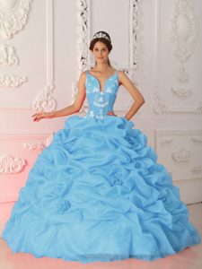 Floor-length Satin and Organza Baby Blue Quinceanera Gowns with Straps