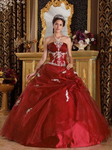 Wine Red Strapless Appliqued Sweet Sixteen Dresses in Organza and Satin
