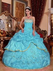 Appliqued Aqua Blue Ball Gown Strapless Quinceanera Gowns in Organza