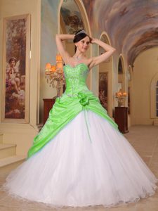 Princess Beaded Tulle and Taffeta Quince Dresses in Spring Green and White