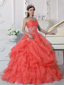 Pick ups Organza Beaded Strapless Dress for Quinceanera in Orange Red