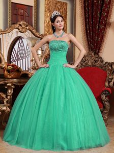 Embroidery Beaded Turquoise Strapless Floor-length Quince Dresses in Tulle