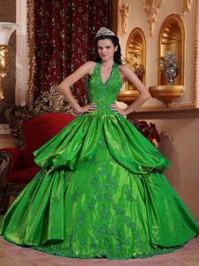 Green Ball Gown Halter Taffeta Quinceanera Gown Dresses with Appliques