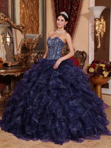 Sweetheart Navy Blue Sweet Sixteen Dresses with Sequins in Organza