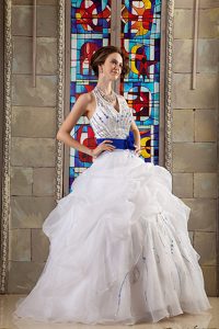 Perfect White Ball Gown Halter Sweet Sixteen Dress in Organza with Belt