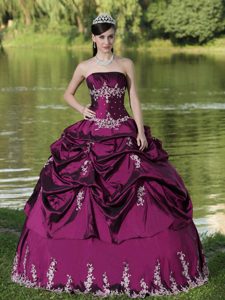 Satin Discount Strapless Quinceanera Gowns in Fuchsia with Embroidery